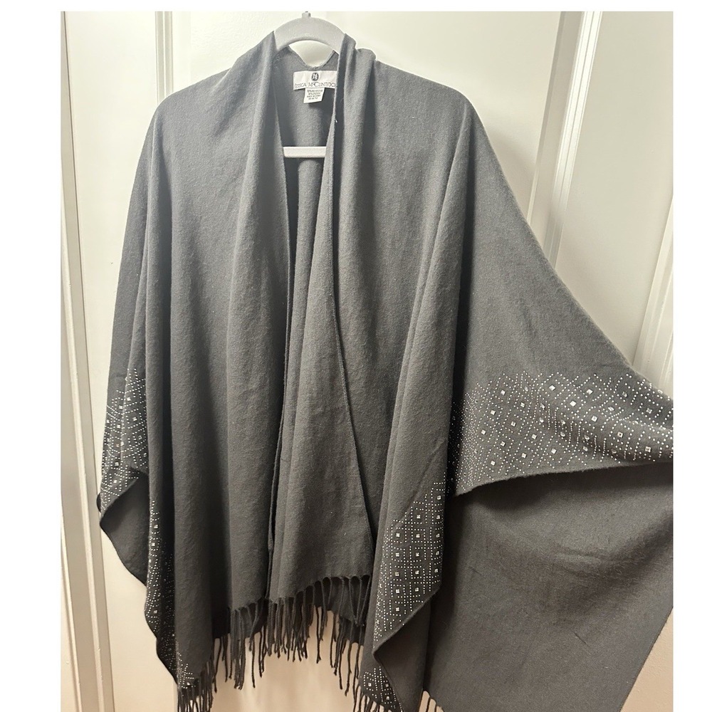 Jessica McClintock Shawl Wtap Womens Gray Rhinestones Fringe Beaded Bling Soft